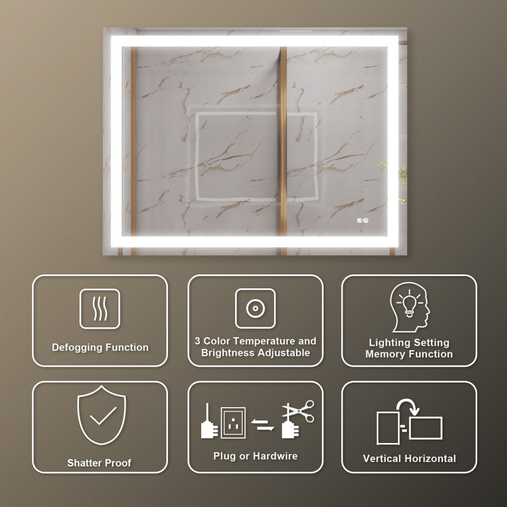 Frameless LED Bathroom Vanity Mirror With Defogger Dimmer, 48"x36"
