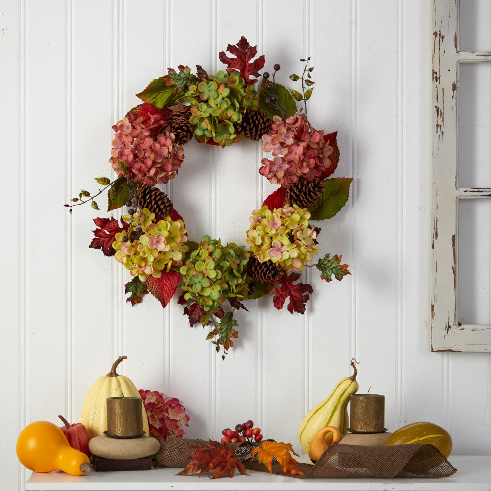 Nearly Natural W1225 25 Autumn Hydrangea and Pinecones Fall Artificial Wreath