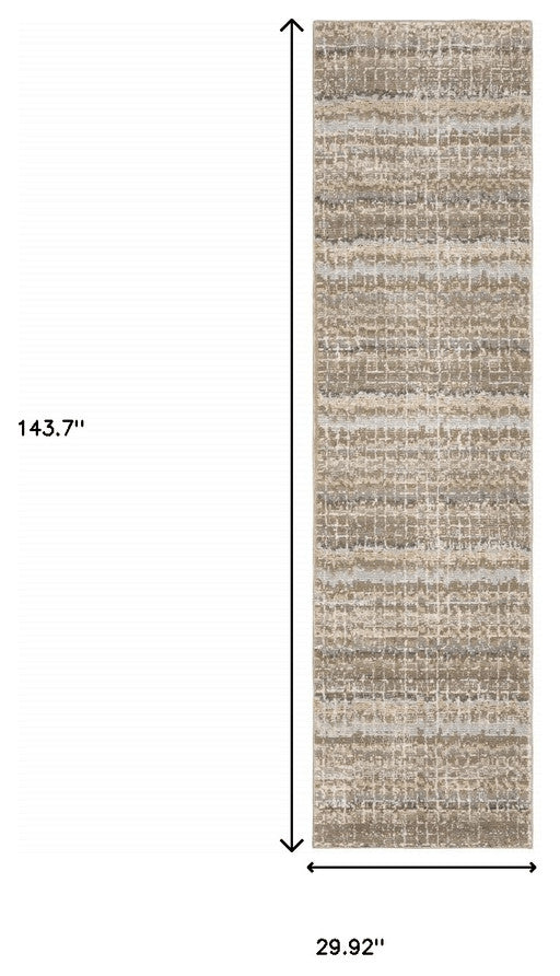 12' Runner Ivory Grey Tan and Brown Abstract Power Loom Runner Rug