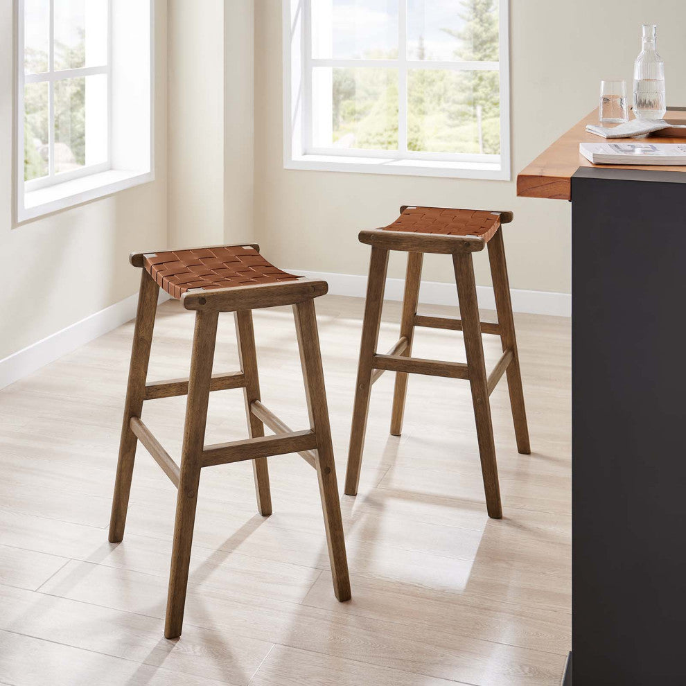 Saoirse Faux Leather Wood Bar Stool, Set of 2, Walnut Brown