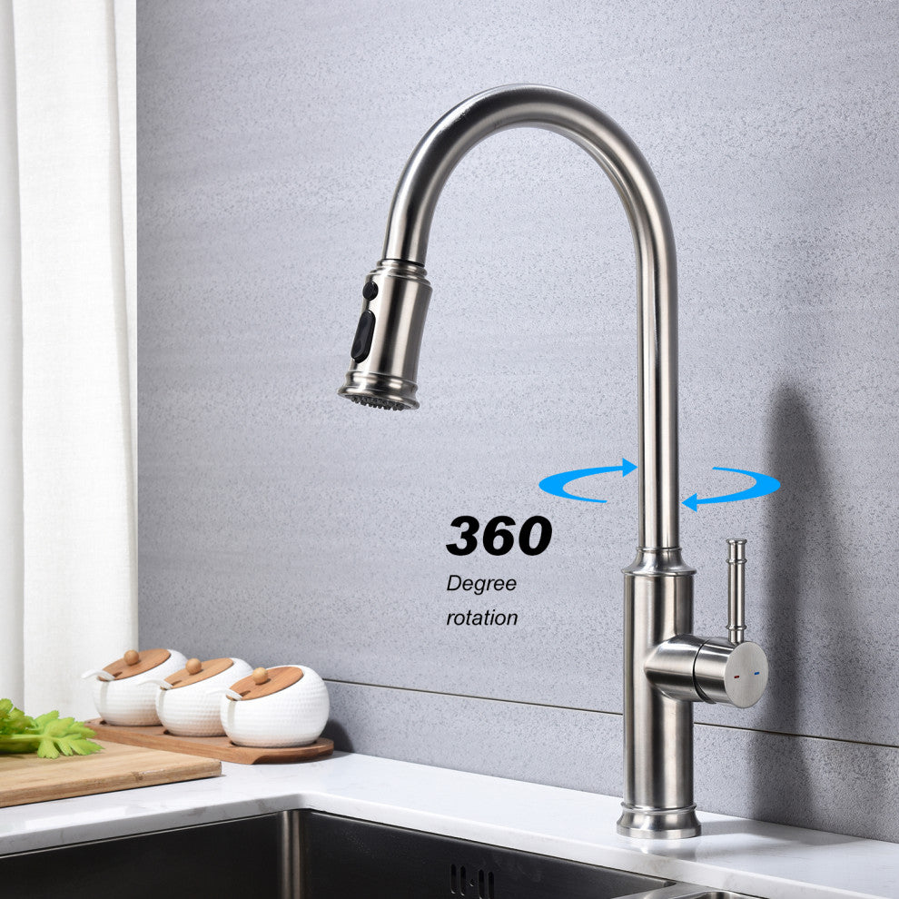 Wellfor Single Handle Pull Down Kitchen Sink Faucet, Brushed Nickel