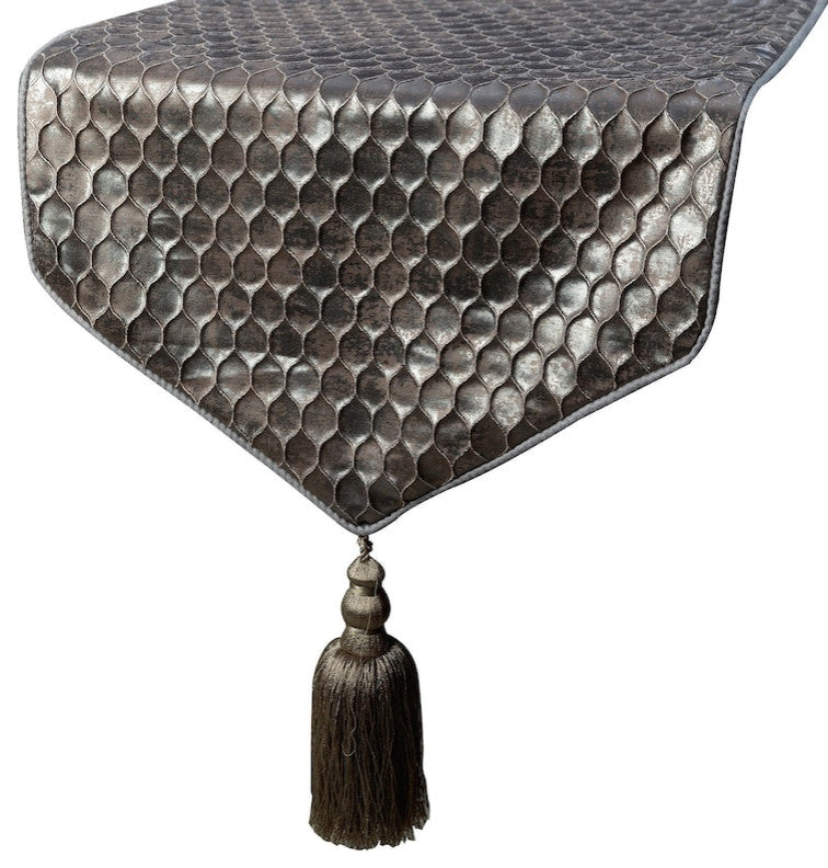 Decorative Table Runner Silver Satin 14"x72", Foil Beehive Tassels, Hive Wave