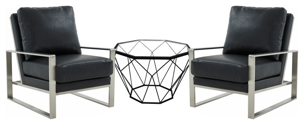 LeisureMod Jefferson Arm Chairs With Silver Frame and Coffee Table, Black