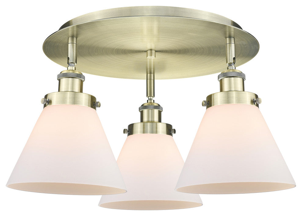 Cone-3 Light 20" Flush Mount-Antique Brass, Matte White Glass Shade