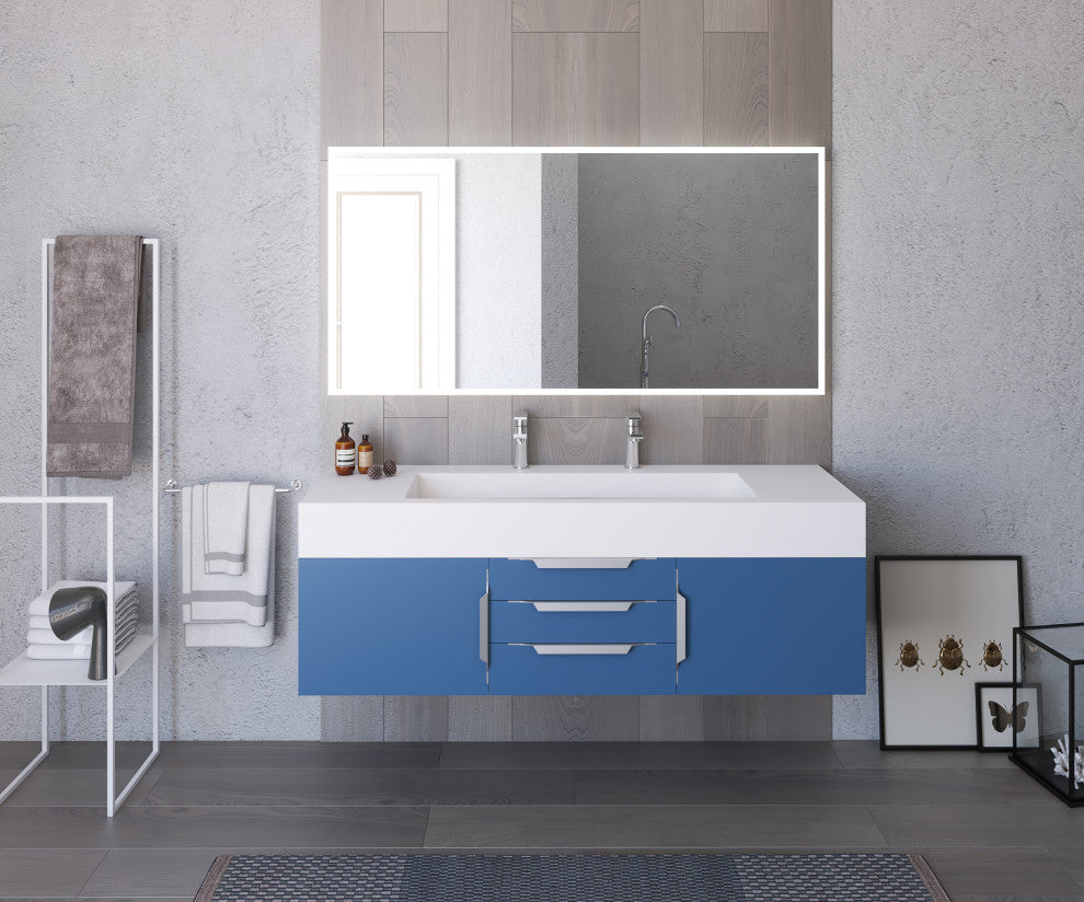 CastelloUSA Nile 60" Wall Mounted Vanity Set, Blue, White Top, Chrome Handles