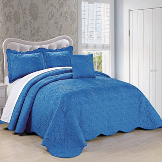 Damask Embroidered Quilted 4 Piece Bed Spread Sets, Palace Blue, King