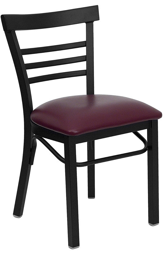 Black Ladder Back Metal Restaurant Chair, Burgundy Vinyl Seat