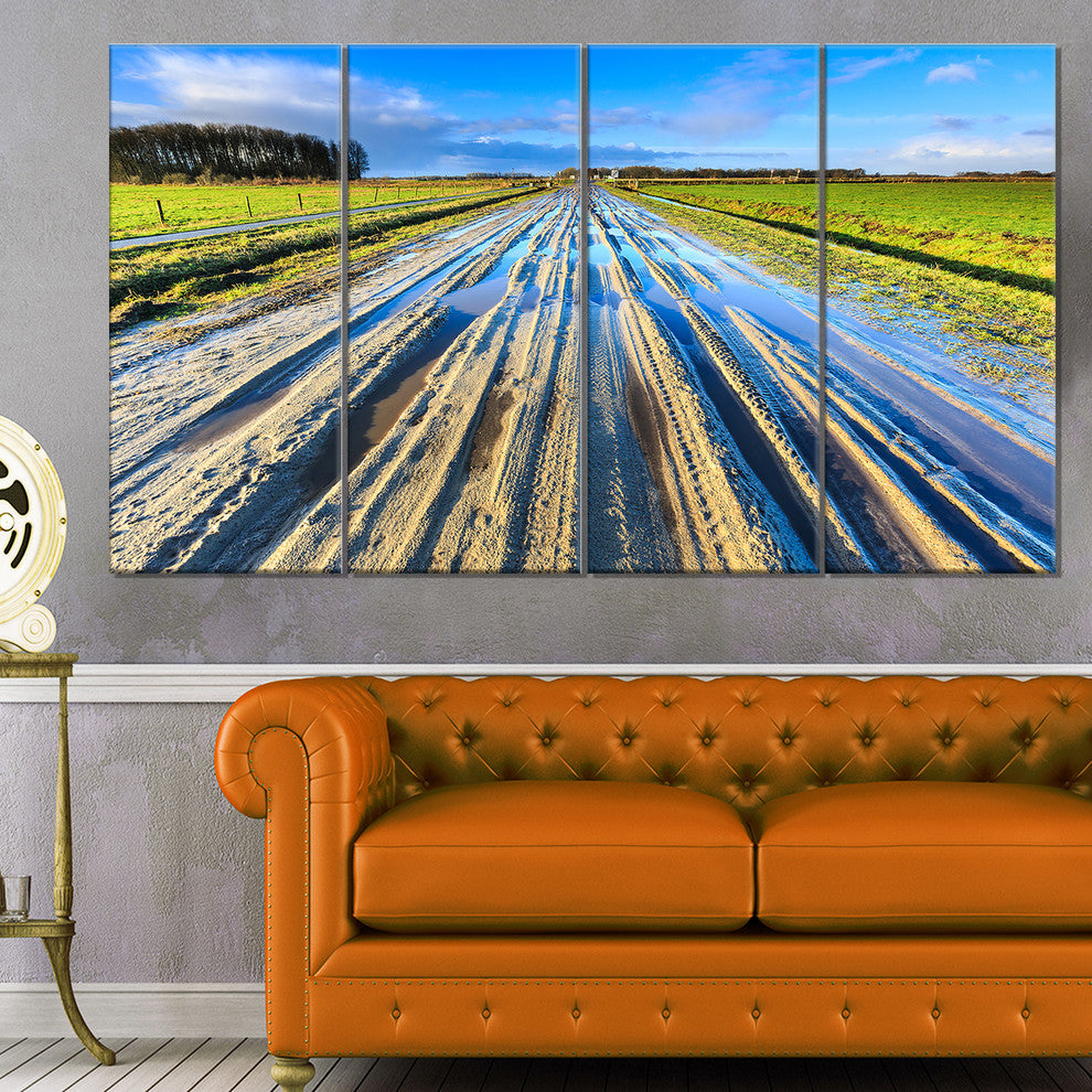 Muddy Sand Lane On Sunny Day, Landscape Canvas Art Print, 48"x28", 4 Panels