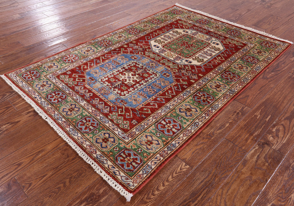 3' 9" X 5' 6" Geometric Super Kazak Handmade Rug - Q12977