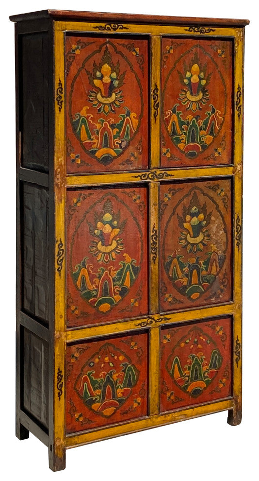 Vintage Chinese Tibetan Jewel Flower Graphic Tall Storage Cabinet Hcs7354