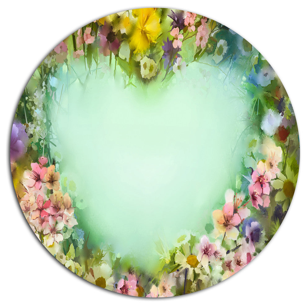 Vintage Flowers With Heart Shape, Floral Round Wall Art, 11"