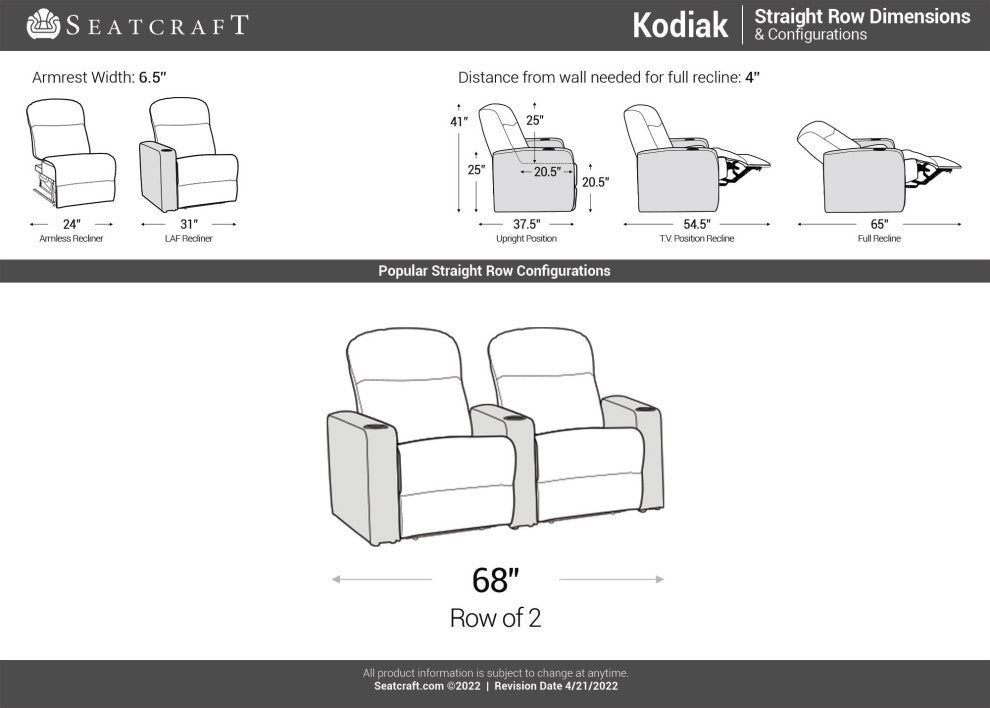 Seatcraft Kodiak Home Theater Seating, Black, Row of 2