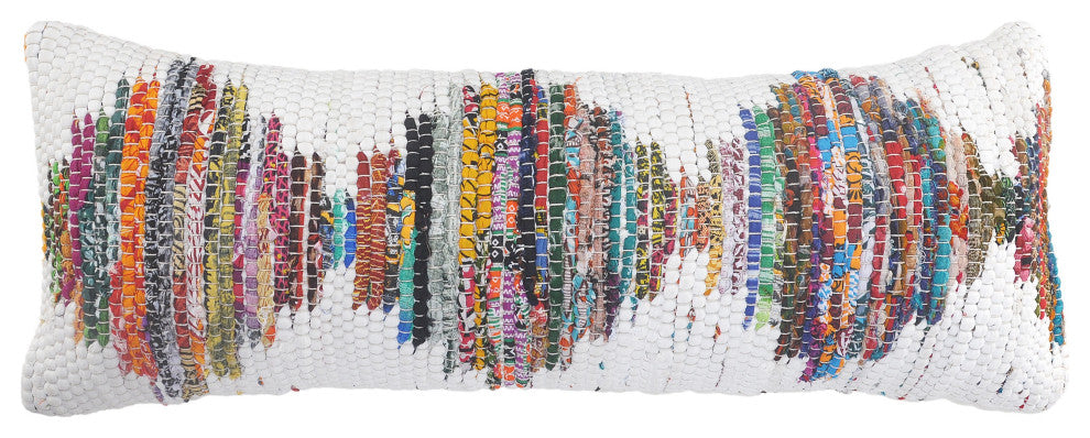 White and Multicolored Chindi Geometric Throw Pillow, 14" X 36"