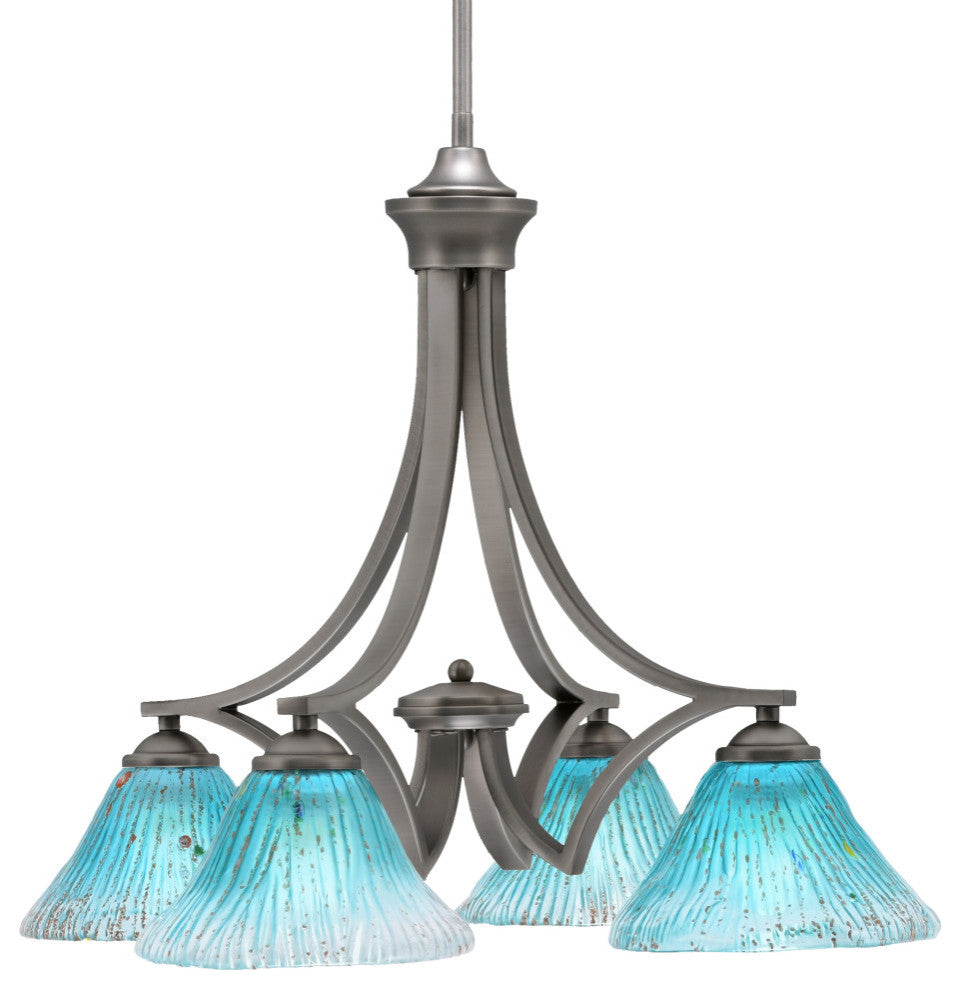 Zilo Downlight, 4 Light, Chandelier, Graphite Finish, 7" Teal Crystal Glass