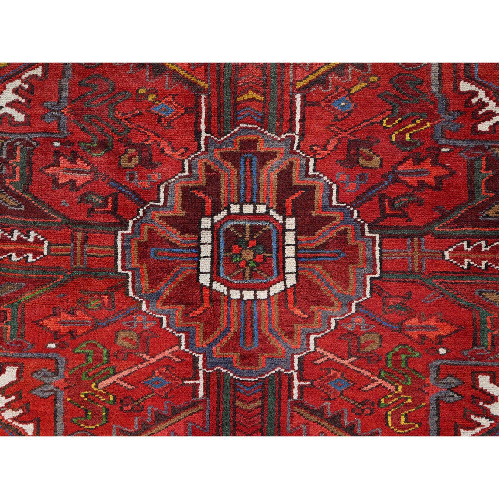 Imperial Red Semi Antique Persian Heriz Worn Wool Hand Knotted Rug 8'2"x11'3"