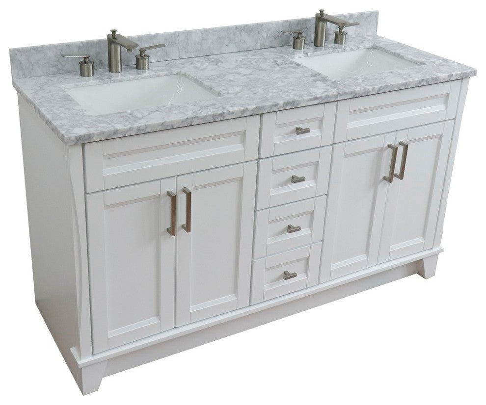 61" Double Sink Vanity, White Finish And White Carrara Marble