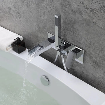Modern Waterfall Wall-Mount Tub Filler Faucet, Handshower Chrome Solid Brass