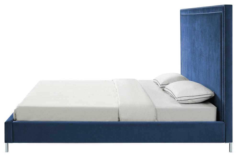 Giovanna Nailhead Trim Platform Bed, Navy Velvet, Queen