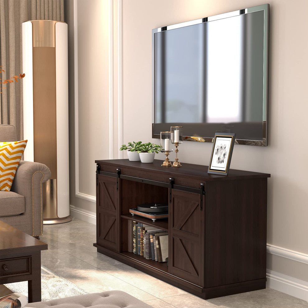 Farmhouse TV Stand for 65 Inch TV with Sliding Barn Doors and Storage Cabinets