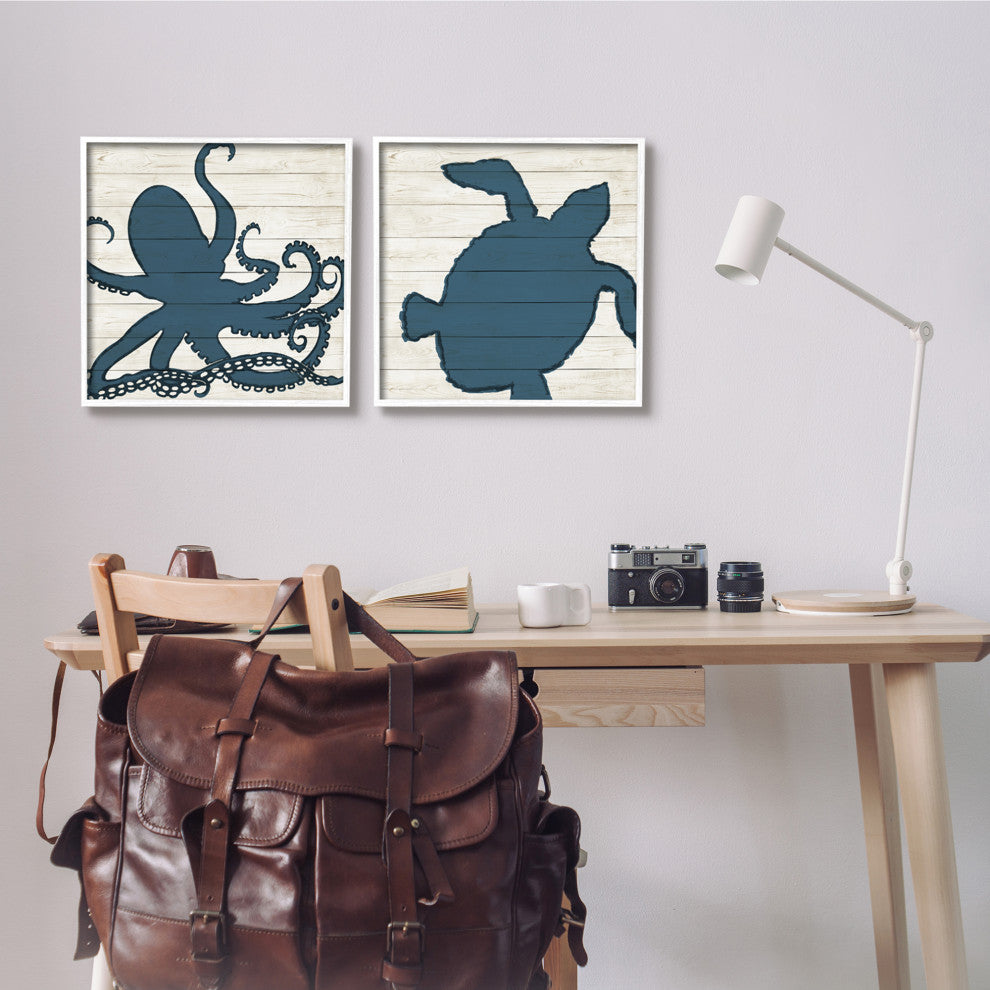 Nautical Blue Silhouette Octopus Sea Turtle Aquatic Animals,17 x 17