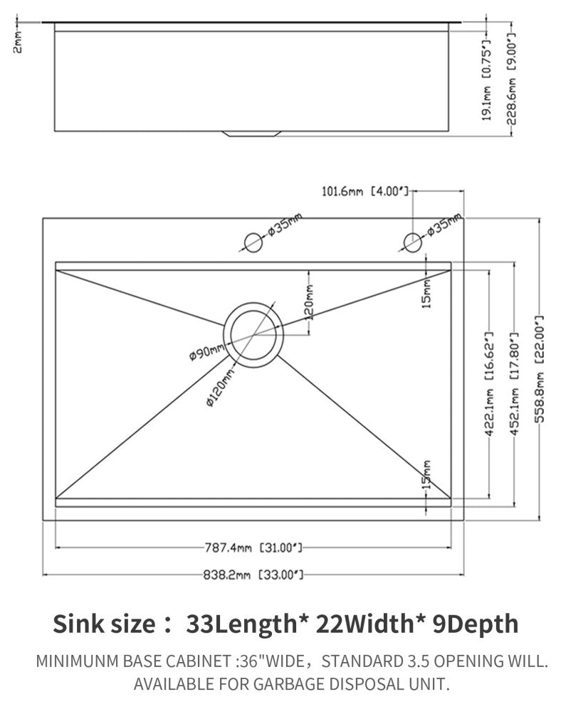 Brushed Nickel Stainless Steel 33 in. Single Bowl Drop In Kitchen Sink