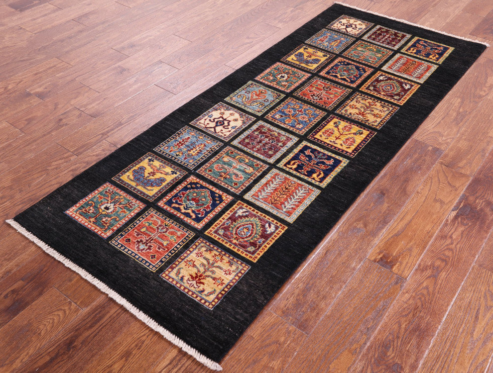 2' 7" X 6' 7" Hand Knotted Persian Garden Design Black Runner Rug Q10686