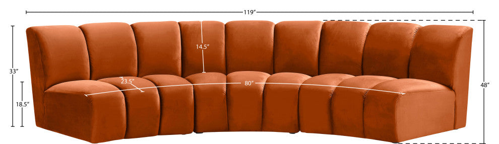 Infinity Channel Tufted Velvet Modular Chair, Cognac, 3 Piece