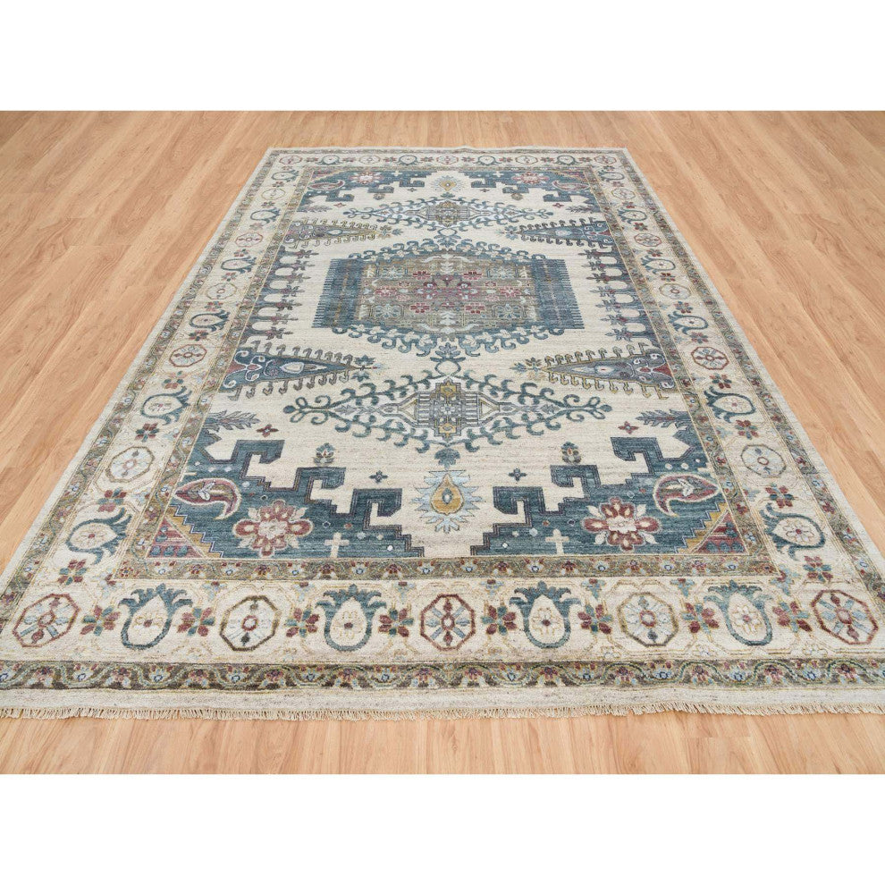 Ivory Hand Knotted Reimagined Viss Design 100% Wool Oriental Rug, 10'x14'