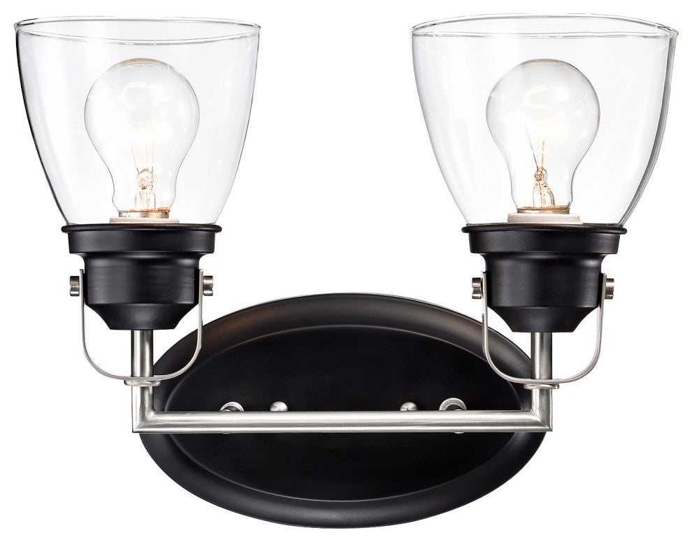 2-Light Black and Brushed Nickel Finish Vanity Lights With Clear Glass Shades
