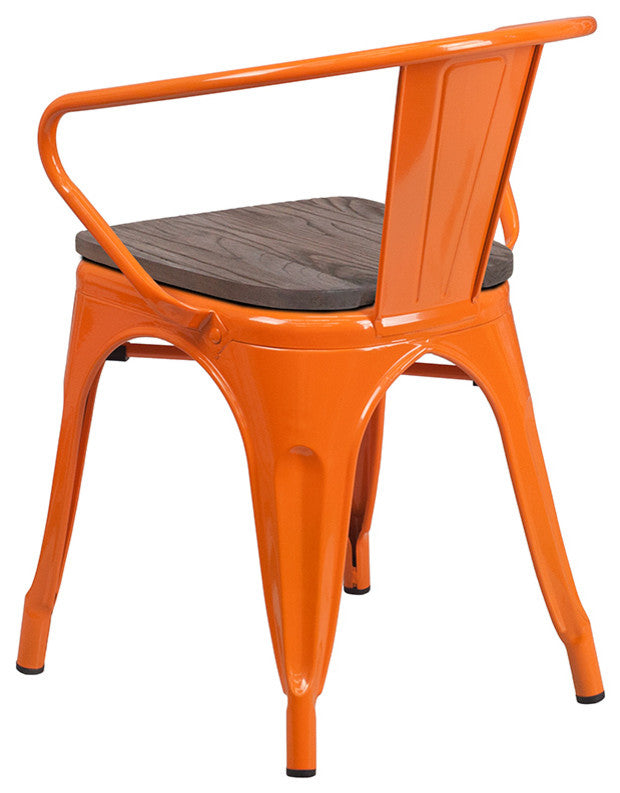 Orange Metal Chair with Wood Seat and Arms