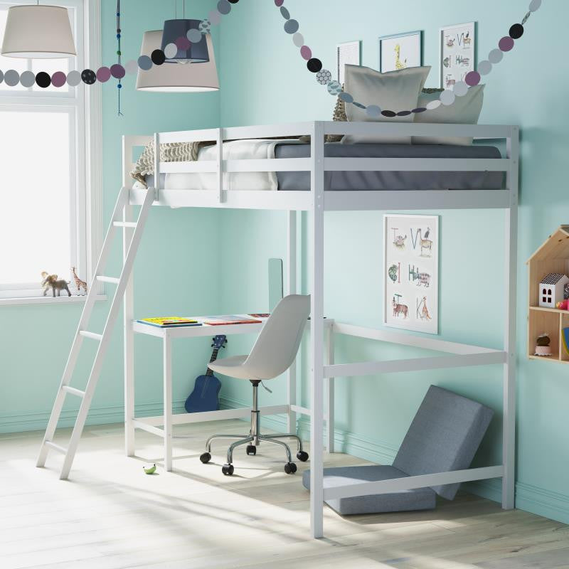 Riley Loft Bed Frame with Desk, Frame, Guard Rails & Ladder for Kids and Teens, White, Twin