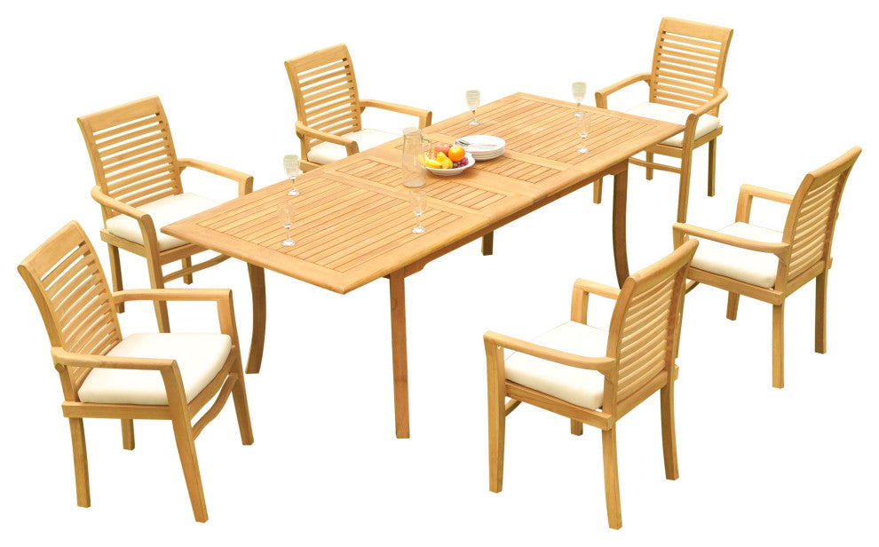 7-Piece Outdoor Teak Dining Set: 94" Rectangle Table, 6 Mas Stacking Arm Chairs