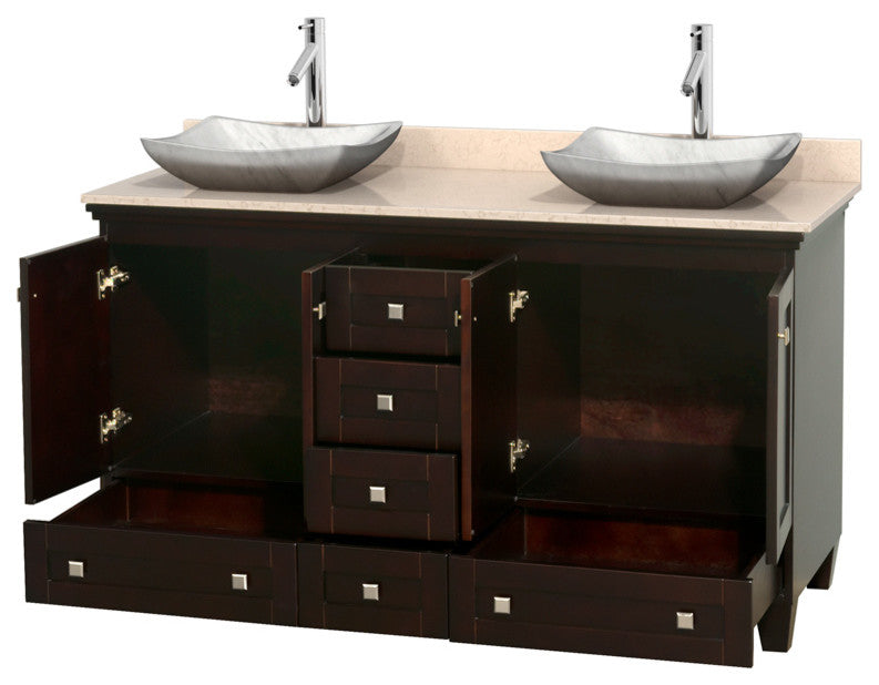Acclaim Espresso Double Vanity, 60", Avalon White Carrera Marble, Ivory Marble