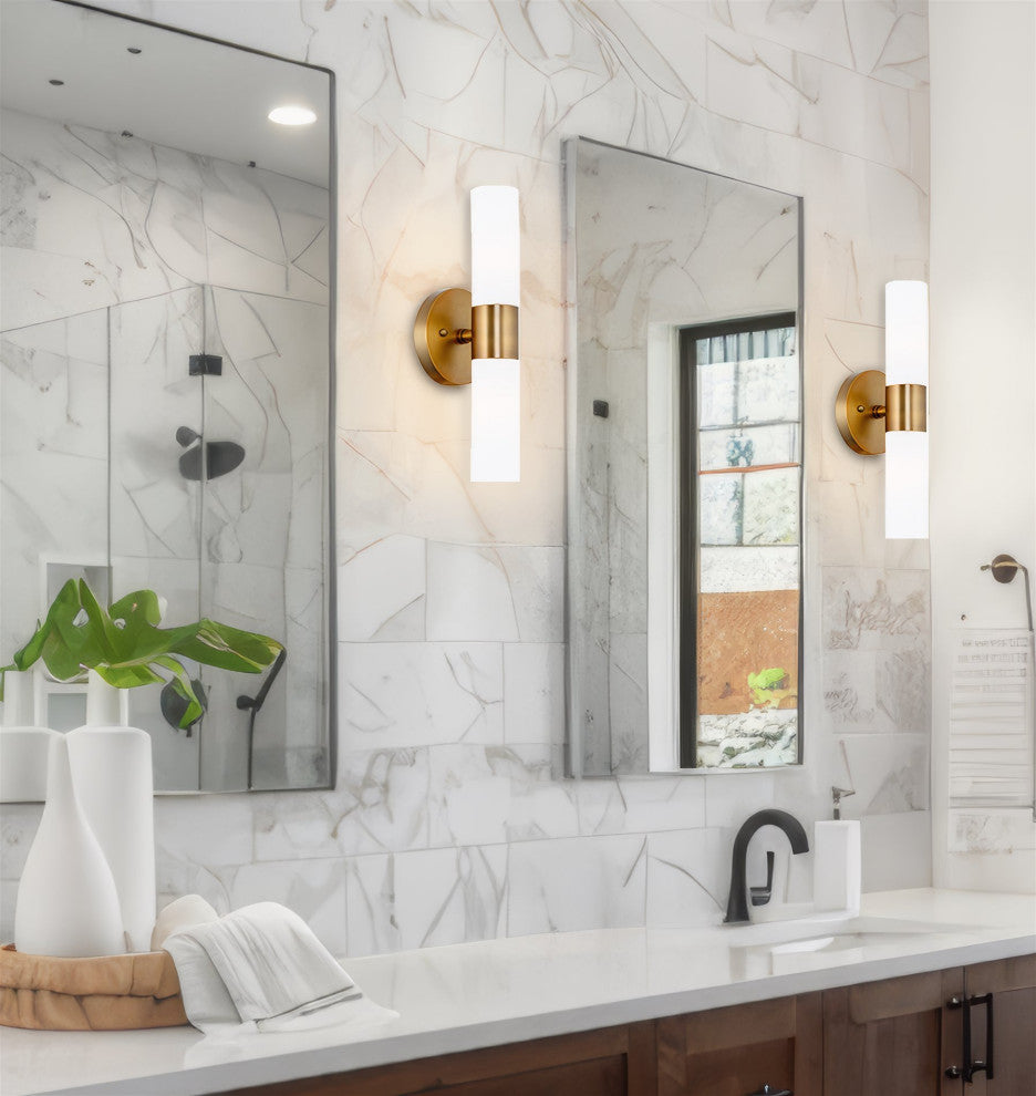 Kira Home Duo 14" Wall Sconce, Frosted Glass Shades, for Bathroom/, Warm Brass