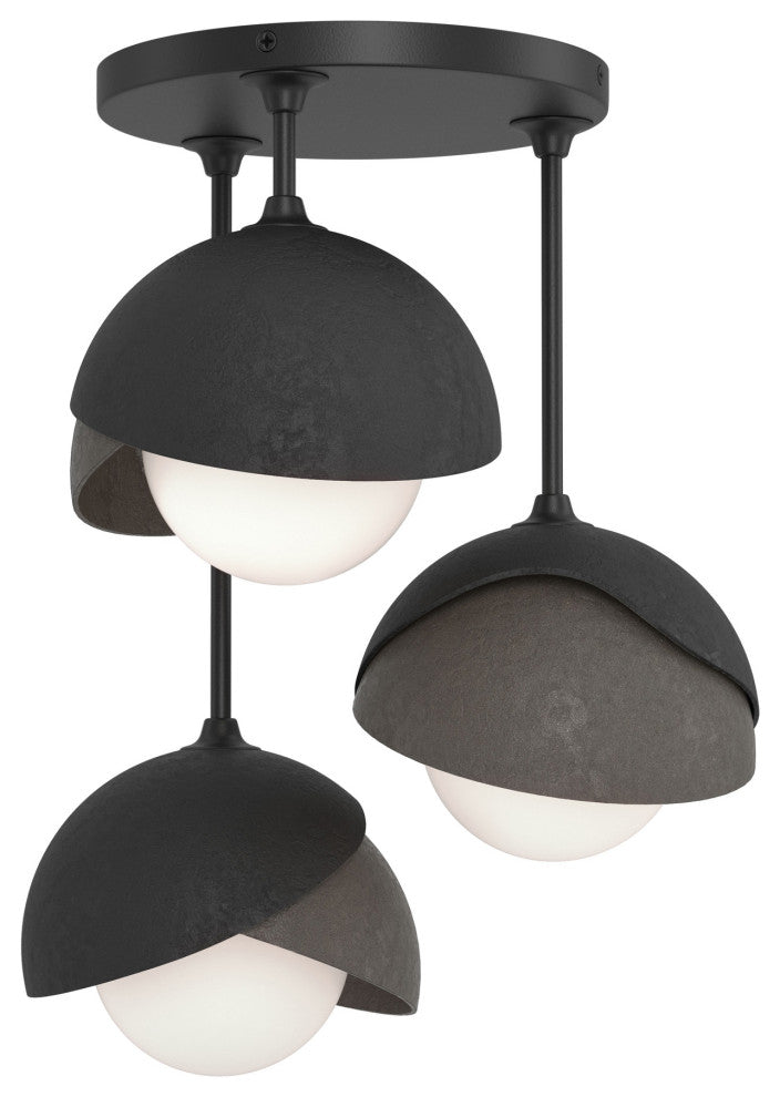 Brooklyn 3-Light Double Shade Semi-Flush, Black, Dark Smoke, Opal Glass
