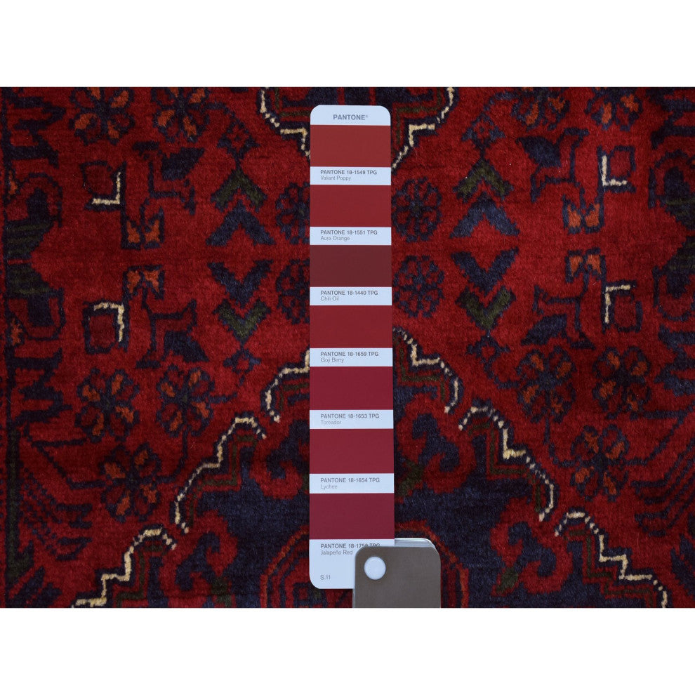 Red Hand Knotted Tribal Design Wool Afghan Khamyab Runner Rug, 2'9"x13'0"