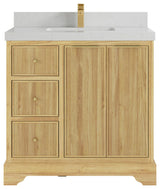 Austin 36 Center Sink Bath Vanity in Light Natural Teak 2" Carrara Quartz