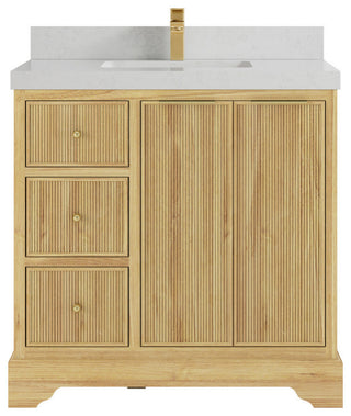 Austin 36 Center Sink Bath Vanity in Light Natural Teak 2" Carrara Quartz