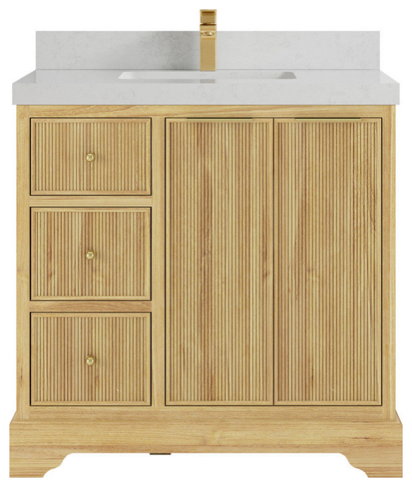 Austin 36 Center Sink Bath Vanity in Light Natural Teak 2" Carrara Quartz