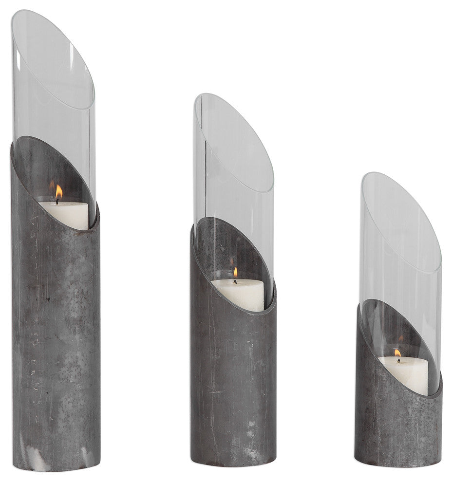 Rustic Modern Raw Iron Pillar Candle Holder Set 3| Cylinder Hurricane