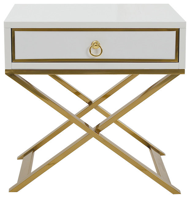 White Nightstand with Drawer Bedside Table with X-Shaped Stainless Steel Base, White
