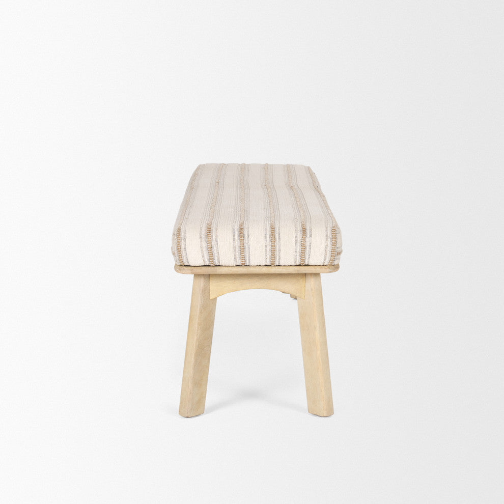 Taimo White Washed Light Brown Wood With Striped Fabric Seat Bench