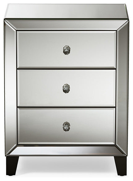Chevron Hollywood Glamour Style Mirrored 3-Drawers Nightstand