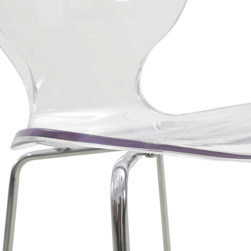 LeisureMod Oyster Acrylic Barstool With Steel Frame in Chrome Finish, Clear