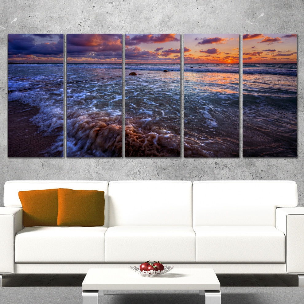 Cloudy Sky and Stormy Waves, Seashore Canvas Art Print, 60"x28", 5 Panels