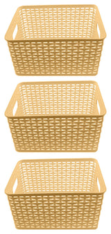 Plastic Rattan Storage Box Basket Organizer, Beige, Medium-Pack of 3