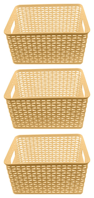 Plastic Rattan Storage Box Basket Organizer, Beige, Medium-Pack of 3