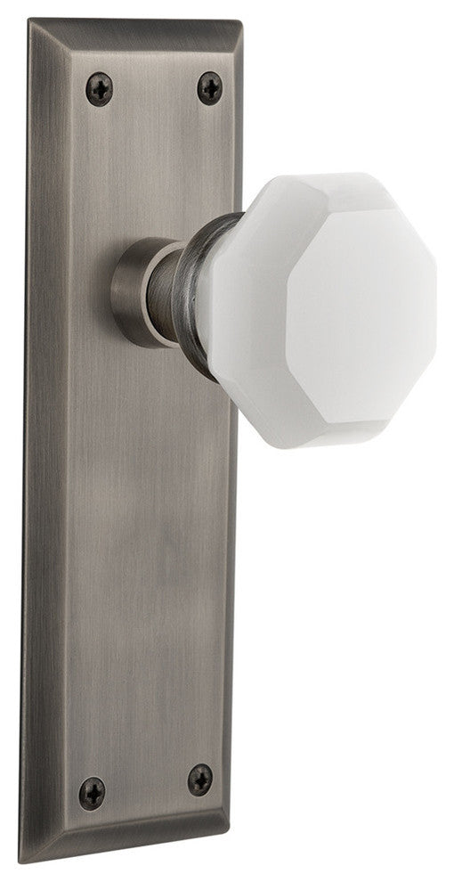 New York Plate Privacy Waldorf White Milk Glass Knob, Antique Pewter