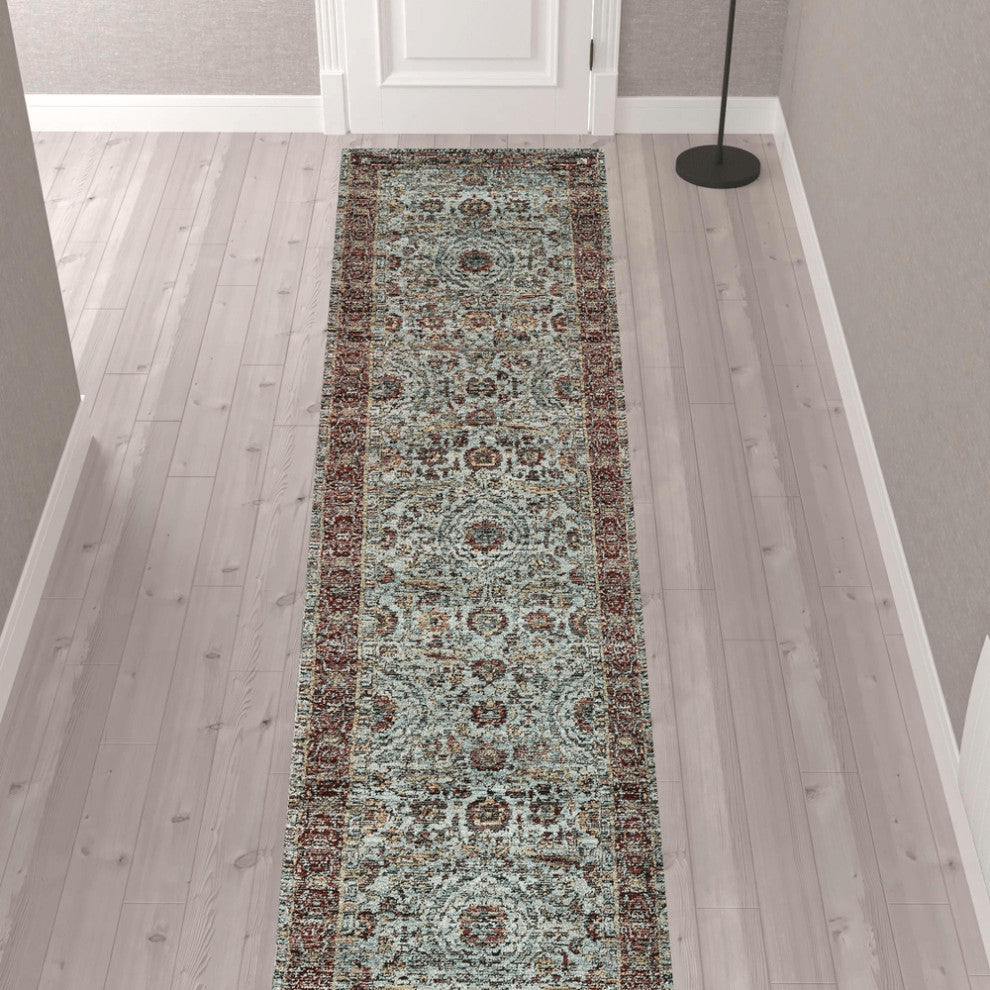 12' Runner Blue Red Green and Gold Oriental Power Loom Runner Rug