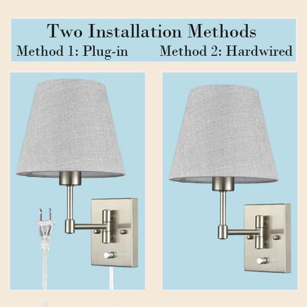 Plug-in Wall Sconces Fabric Swing Arm Wall Lamp, Set of 2, Brushed Nickel